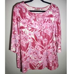 Quacker Factory by Jeanne Bice Pink Floral Rhinestone Scalloped Neck 1X Top